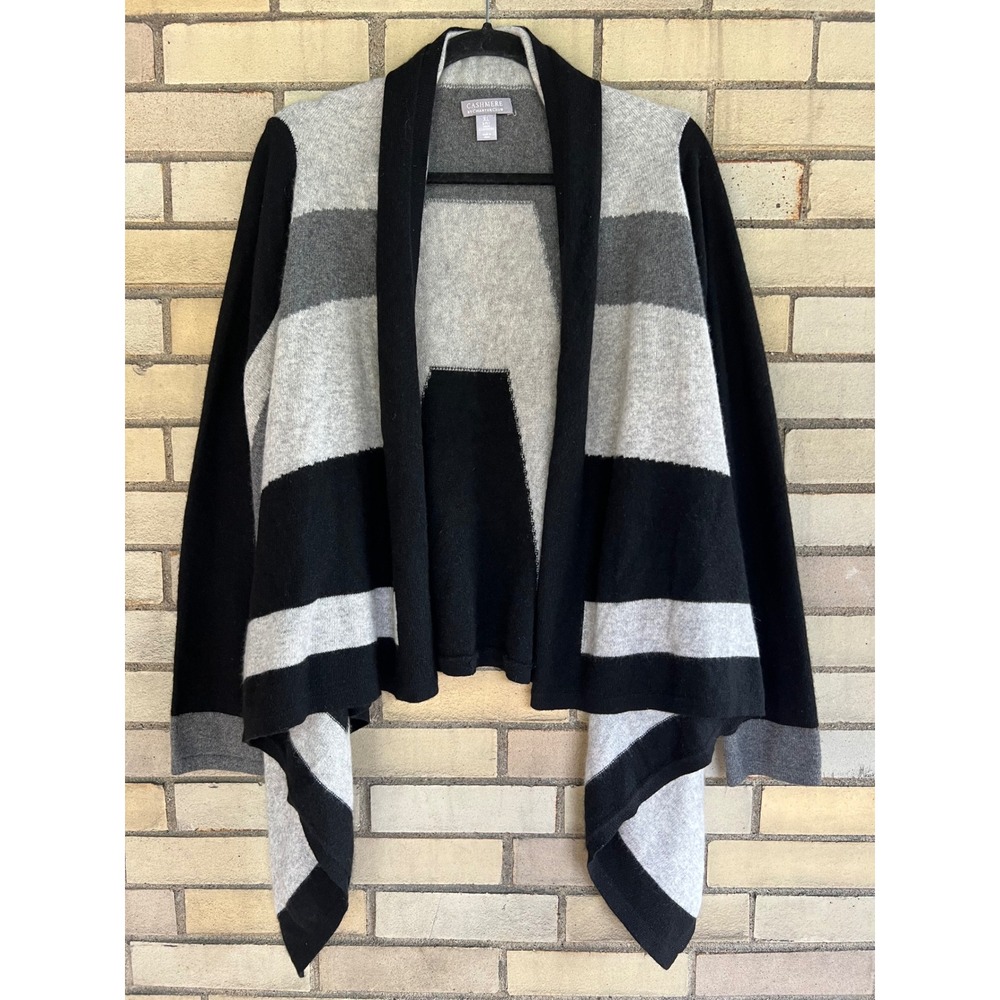 Charter Club 100% Cashmere Colorblock Draped Cardigan Sweater Black Grey Size XL